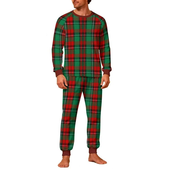 qelini Mens Plaid Pajama Sets Christmas Plaid Crewneck Long Sleeve Shirt and Jogger Pant Soft Holiday Sleepwear