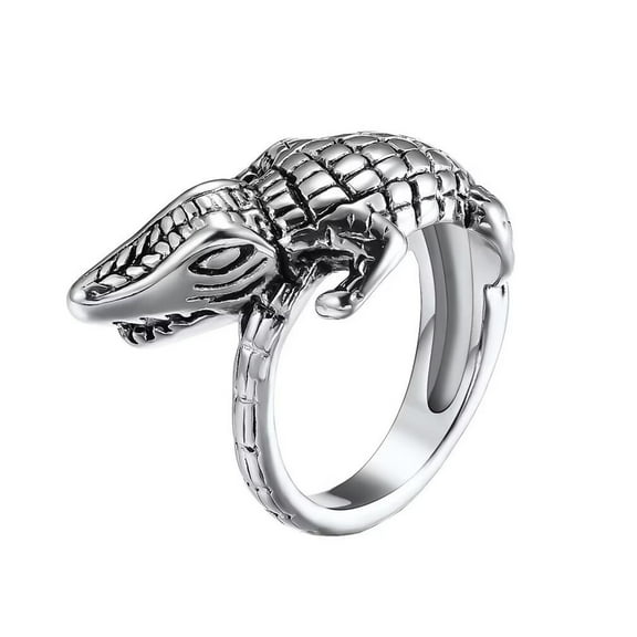 PAMTIER Men's Stainless Steel Creative Domineering Crocodile Biker Ring Vintage Punk Band Alligator Wrap Shape Wild Animal Charm Silver Size 8