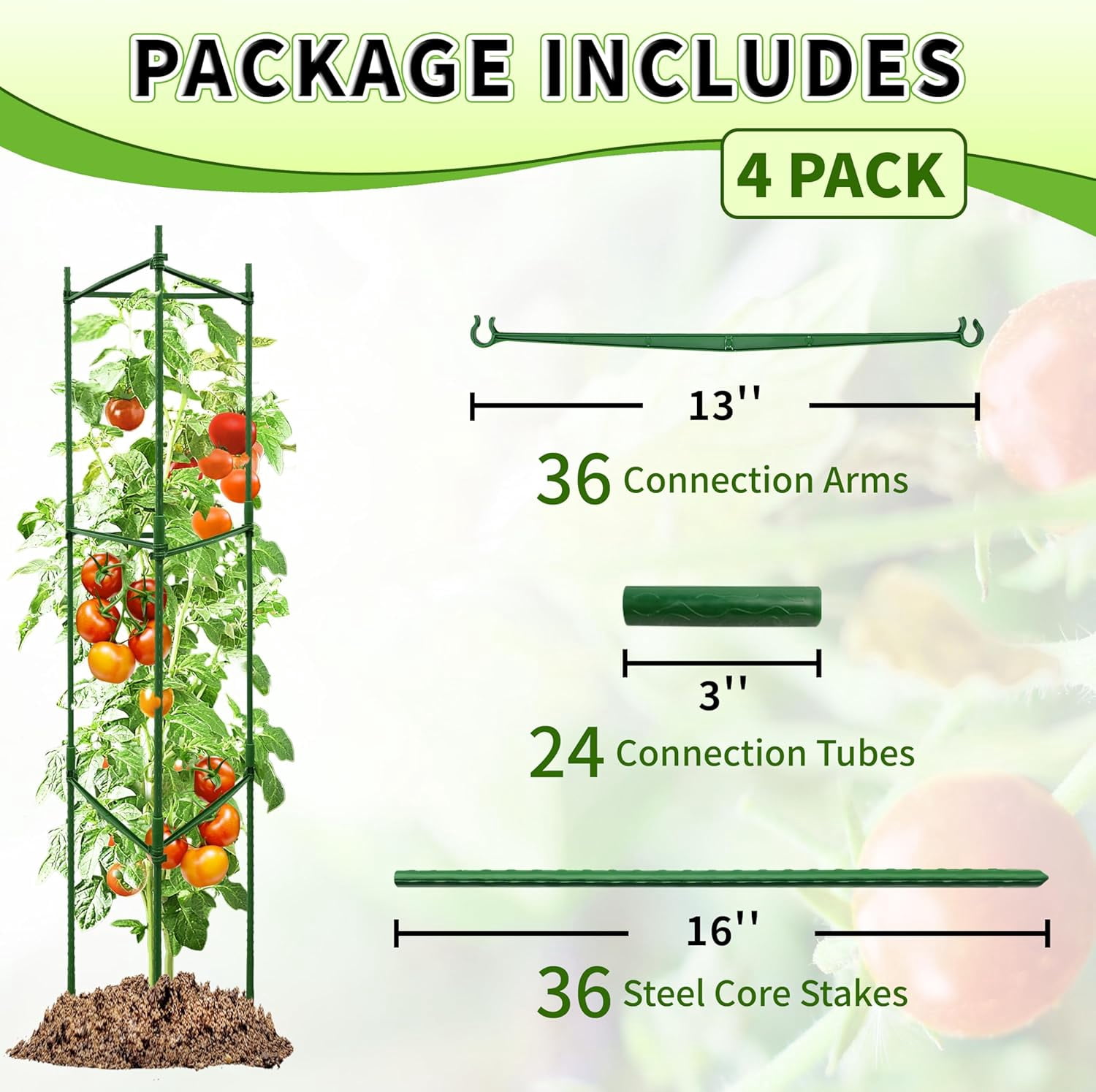 4-Pack 48-Inch Adjustable Tomato Cages, Heavy-Duty Metal Plant Support Trellis for Garden and Pots, DIY Stakes, Height 16 to 192 Inches