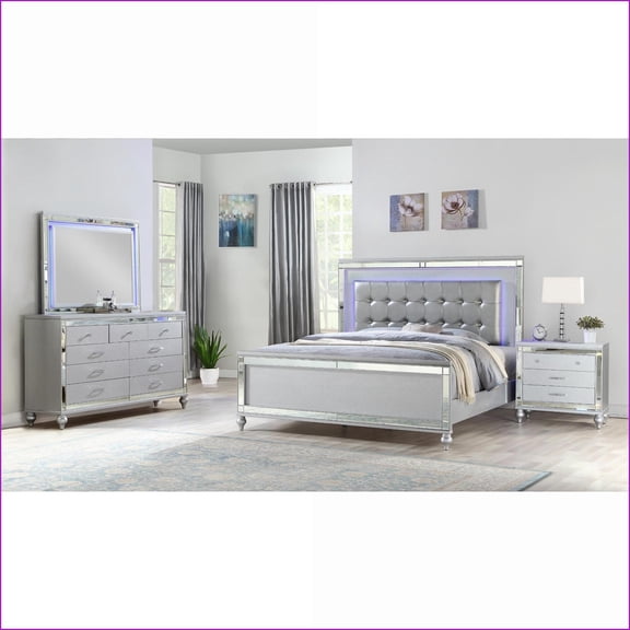 Bedroom Furniture Set, Queen 4 PC Brushed Silver Wood with LED Lights & Storage | Wood | Standard Beds
