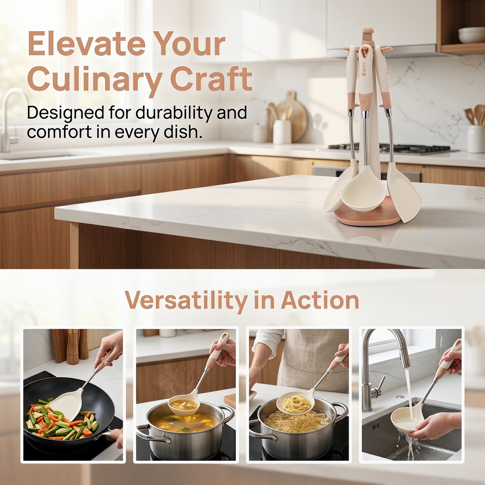 Unique Bargains Kitchen Utensil Set with Silicone Cooking Gadgets White-Silver 4pcs