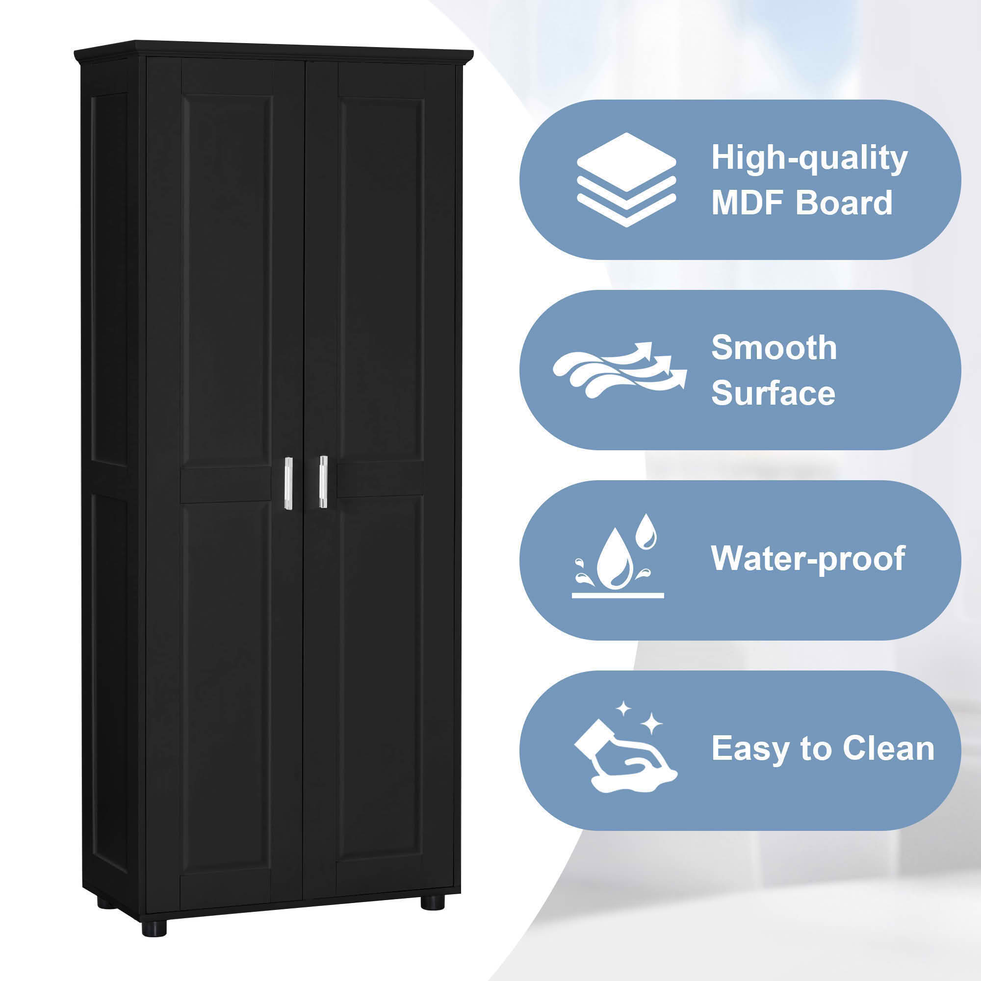 MAYEERTY Storage Cabinet with 2 Doors, Adjustable Shelf MDF Board, Bathroom Office, Black