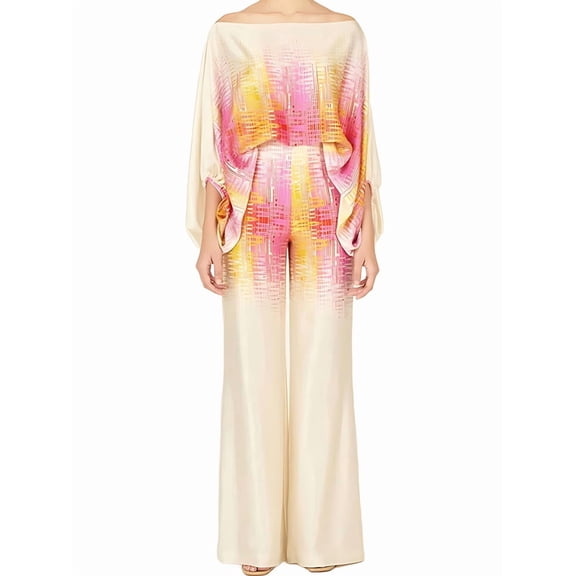 Womens Fall Loose 2 Piece Outfits Off Shoulder Printed Long Sleeve Casual Going Out Wide Leg Pants Set Yellow Pink M