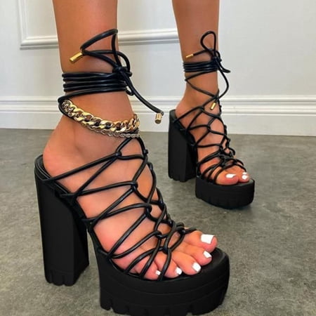 

Sunhillsgrace Shoes For Women Sandals Fashion Women s High Heels Breathable Lace-up Shoes Casual Toe-knob Sandals