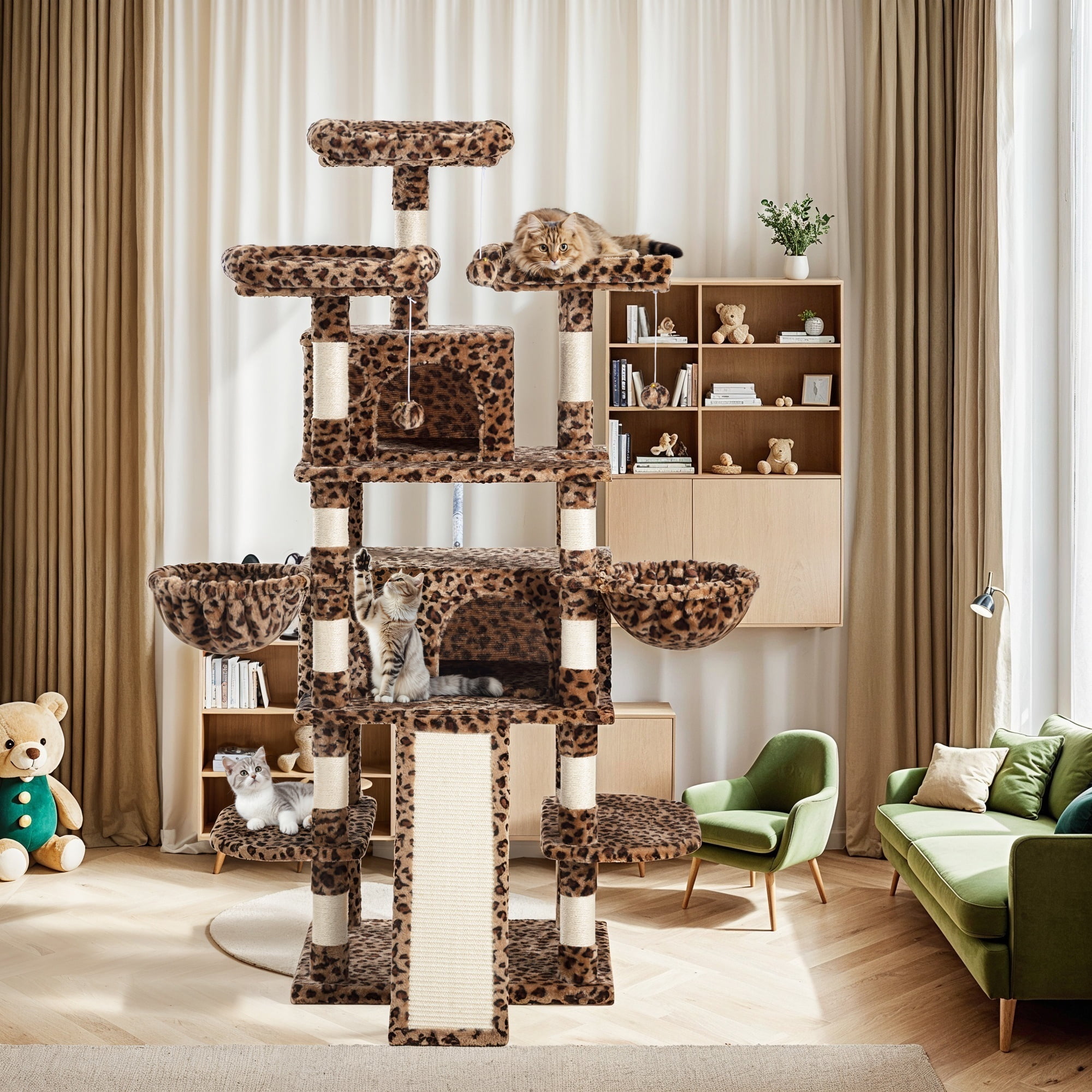 Allewie 68" Multi-Level Large Cat Tree and Tower with Cat Condo House, Scratching Posts & Board, Leopard Print