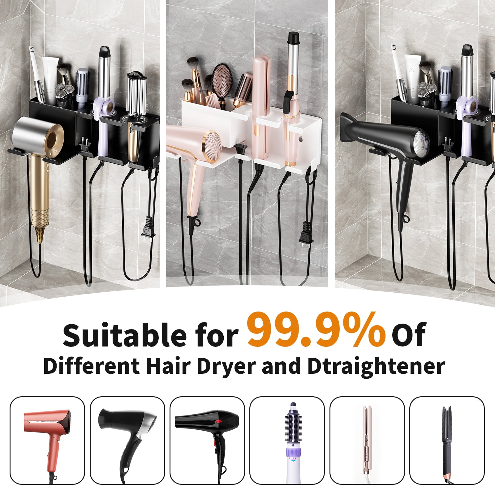 BOIVSHI Hair Dryer Holder Wall Mounted,Blow Dryer Holder for Bathroom, Metal Hair Dryer Rack, Muti-Function Hair Tool Organizer(White)