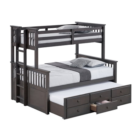Veran Twin Over Full Bunk Bed, Trundle and 3 Drawers, Dark Gray Solid Wood