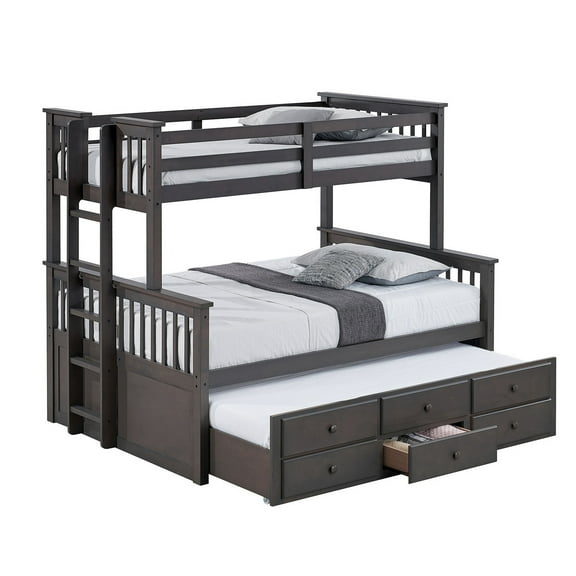 Veran Twin Over Full Bunk Bed, Trundle and 3 Drawers, Dark Gray Solid Wood