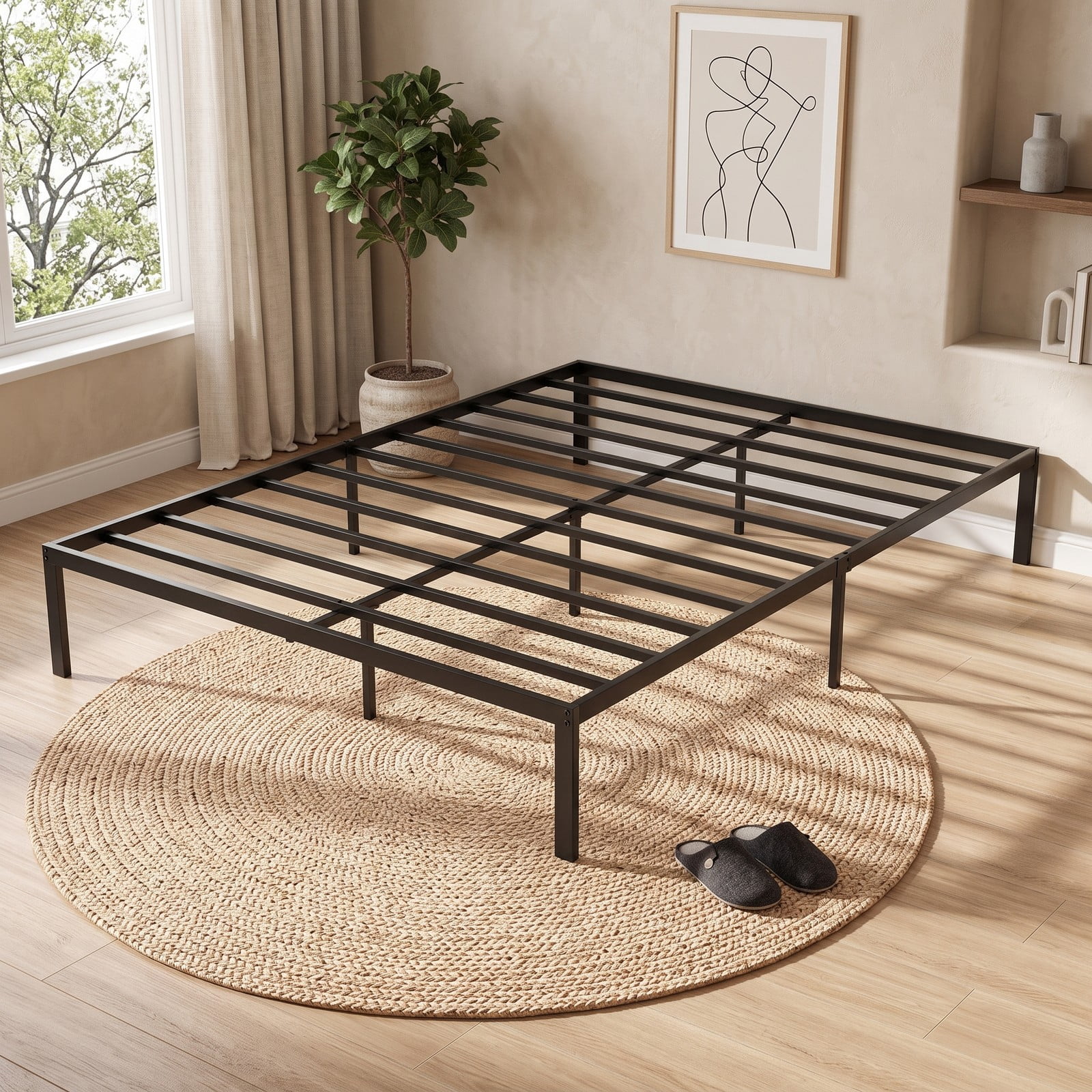 Furnibear Queen Bed Frame Metal Platform Bed with Heavy Duty Slat Support and Extra Center Legs for Bedroom, Black