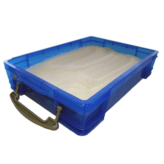 PlayTherapySupply Small 4 Liter Portable Sand Tray with Lid, Blue. A translucent blue sand tray with a clear locking lid and sturdy handles, filled with sand. Made from durable, waterproof, and shatterproof plastic, measuring 14 5/8 x 10 1/4 x 3 3/8 inches. Ideal for sand play, stacking, and easy cleaning.