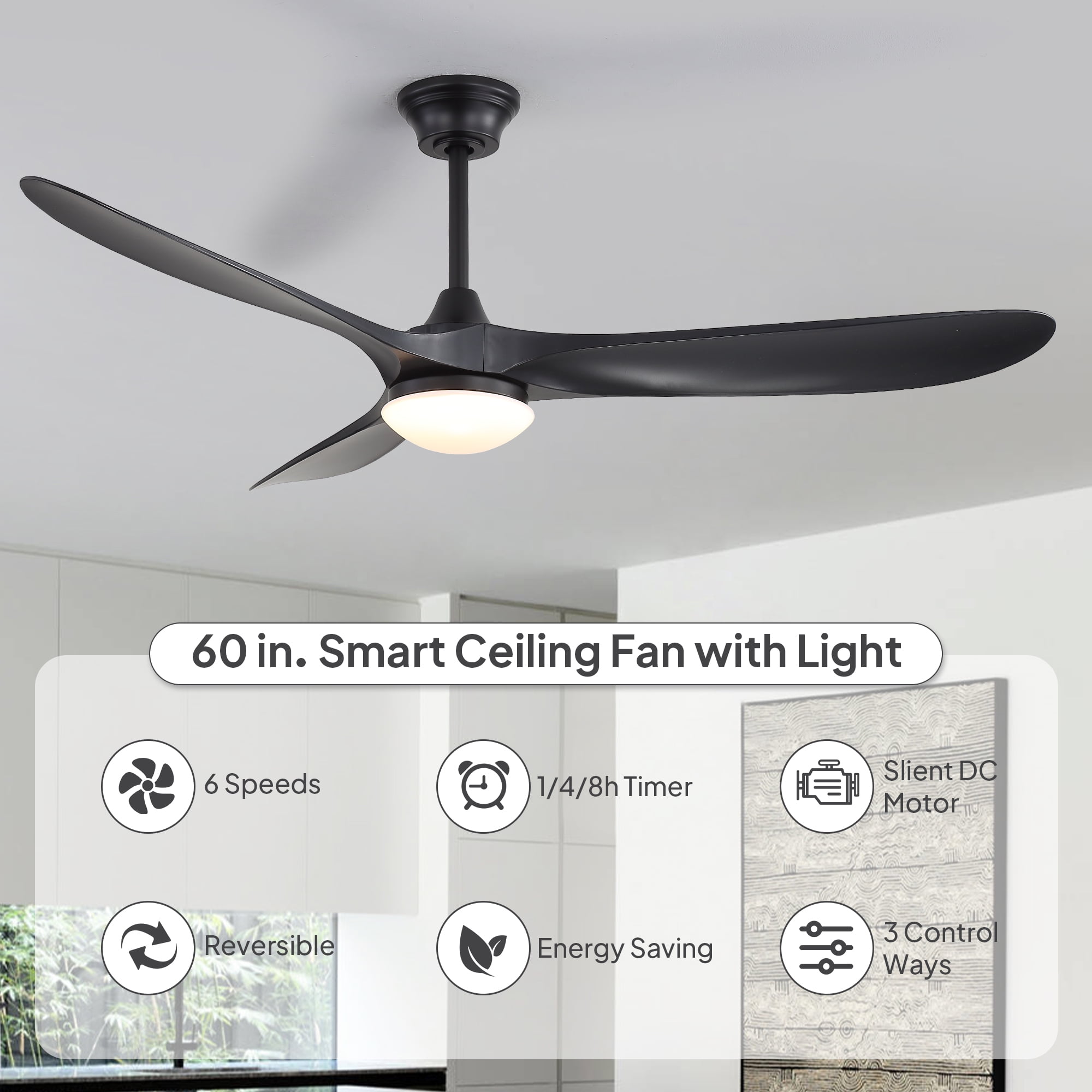 Sofucor 60 Inch Ceiling Fans with Light Compatible with Alexa/Google/App 3 Blades Reversible DC Motor Timer for Kitchen Bedroom Living Room Dining Room Farmhouse (burlywood)