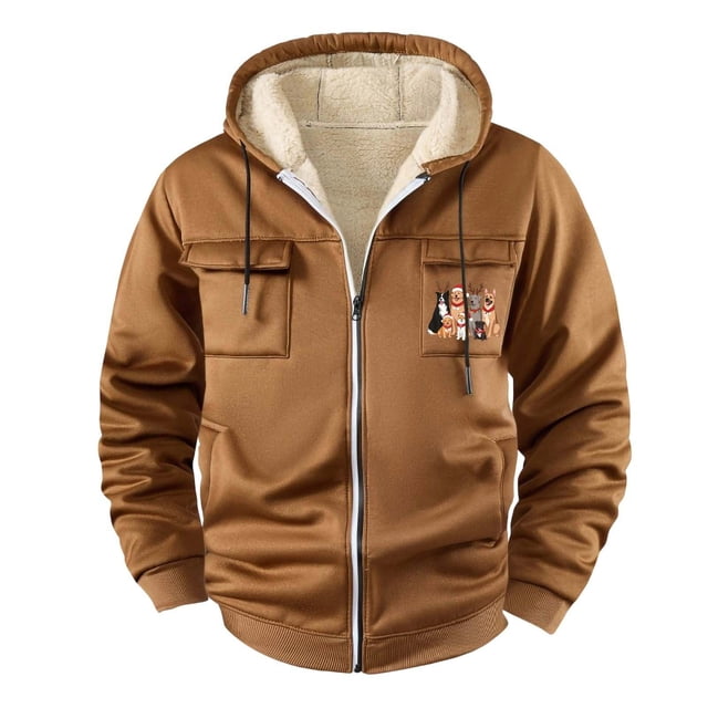 RXMEKW Fleece-Lined Hooded Jacket for Men, Windproof Polyester Shell with Zippered Pockets for Outdoor Sports and Winter Commuting in Cold Weather