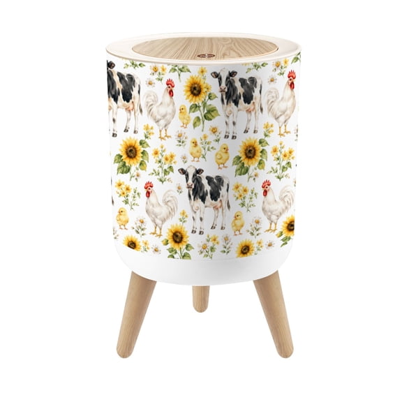 Small Trash Can with Lid Farm Animals Sunflowers Watercolor Cows Chickens Pigs 1.8 Gallon Dog Proof Trash Can Round Garbage Can Waste Bin Wastebasket for Bathroom Bedroom Living Room