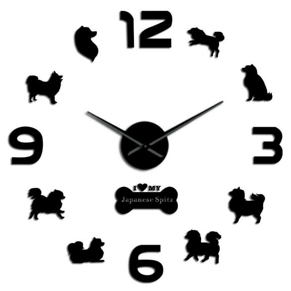 Japanese Spitz Dog Animal Acrylic Large Wall Clock Puppy Pet Shop Clocks Wall Decorated DIY Stickers Non ticking Hanging Watch(Black,27inch)