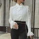 thumbnail image 5 of Camisa top blusa Mujer elegante sexy color Sólido Manga larga encaje pura Pompotops FGAJ2070, 5 of 9