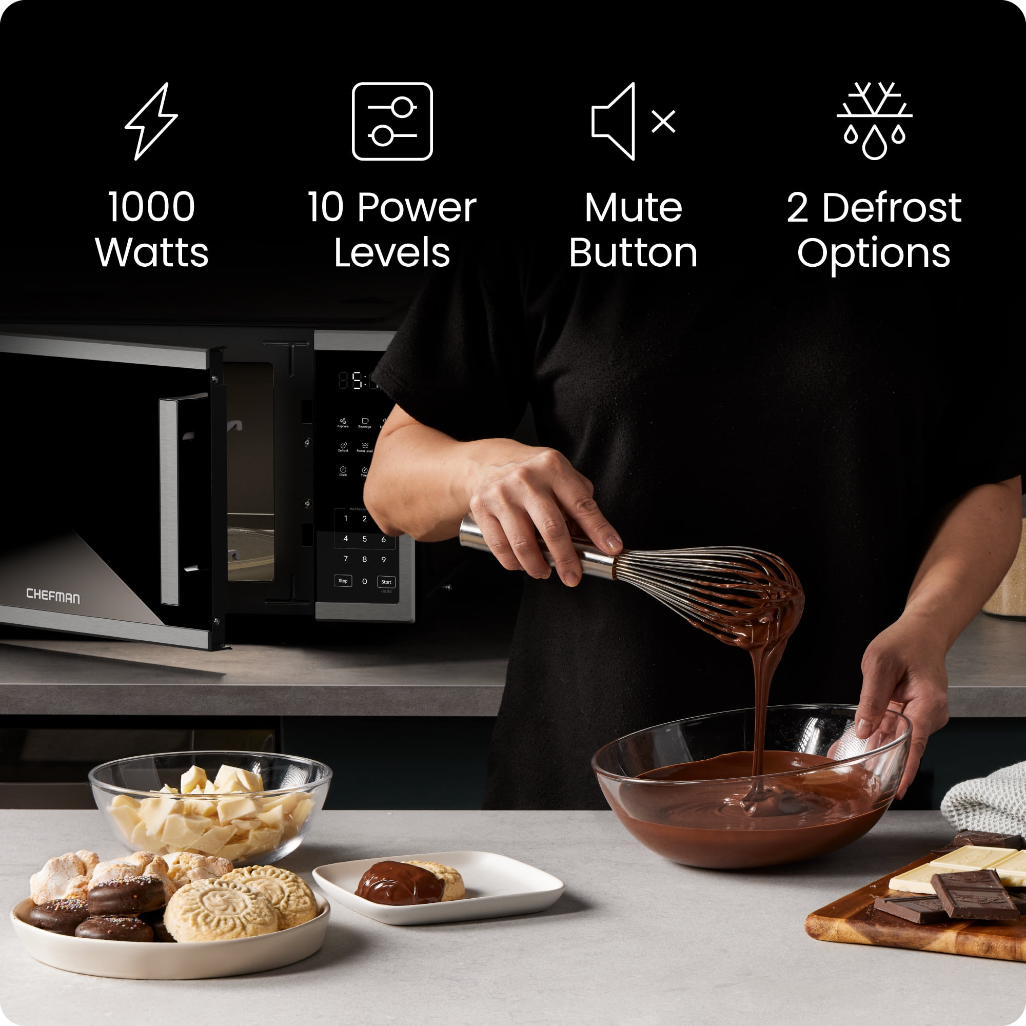 Chefman Countertop Microwave Oven 1.1 Cu. Ft., 1000W, 3 Presets, & 10 Power Levels – Stainless Steel