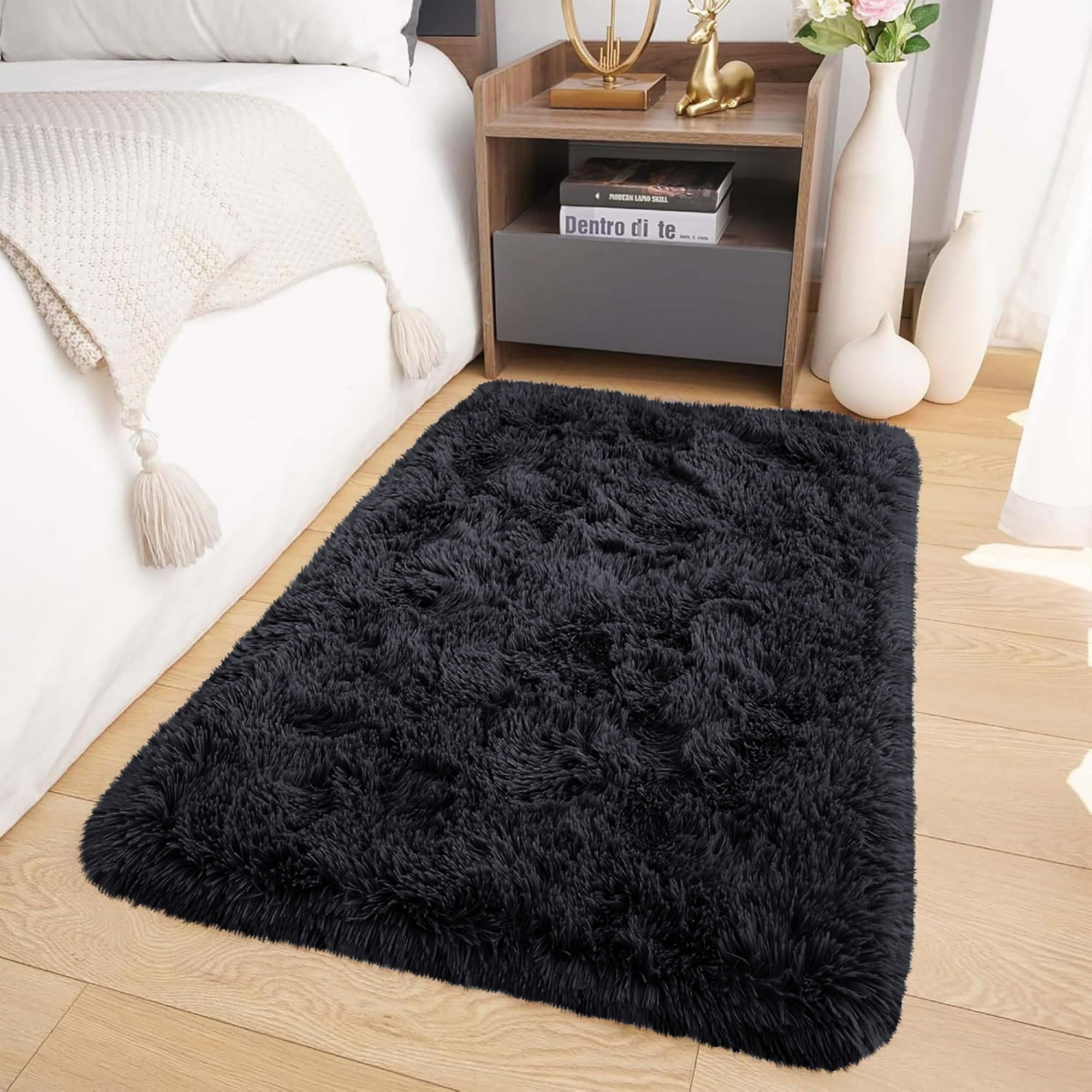 IR Imperial Rooms Shag Rug 2ft x 3ft Anti-Slip Soft Fluffy for Living Room Bedroom Decor Carpet Black