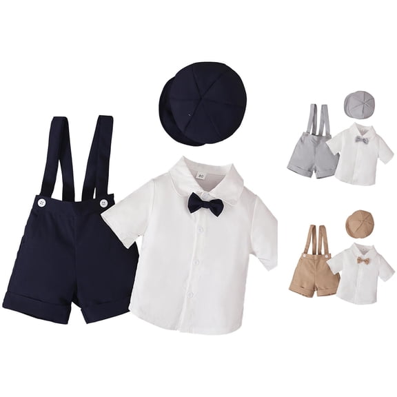 Toddler Boys Summer 3-Piece Outfit Short Sleeved Shirt with Bow Suspenders Shorts Hat Children's Suit Outfits Size 18-24 Months ,Blue