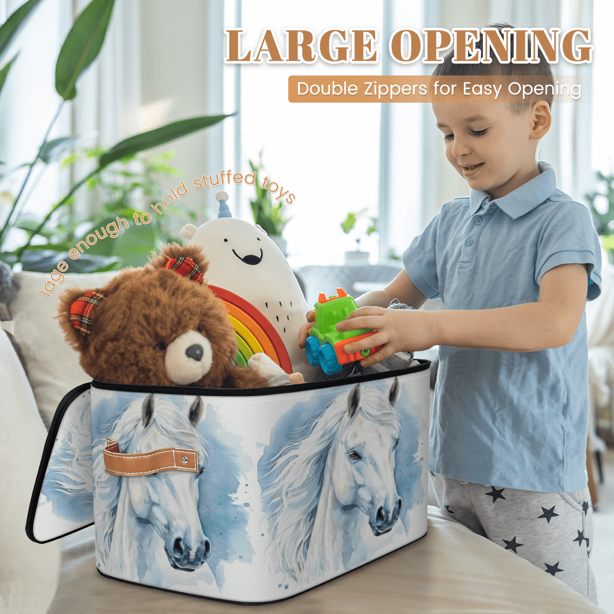 CURLYOOT Horse Fabric Storage Bins with Lids, Horse Animal Foldable Storage Boxes Washable Storage Cube, Closet Bedroom Home Organizer Containers with PU Leather Handles