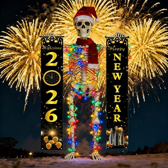 2026 Lighted Up Giant Skeleton Christmas Outfit,12ft Skeleton Xmas Accessories Costume Including Giant Santa Hat,Scarf,16.4ft Lights,Happy New Year Banner for Garden Lawn Indoor Outdoor Decor