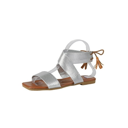 

Daeful Women Flat Sandals Beach Casual Shoes Cross-Strap Summer Sandal Lightweight Open Toe Womens Fashion Silver 6.5