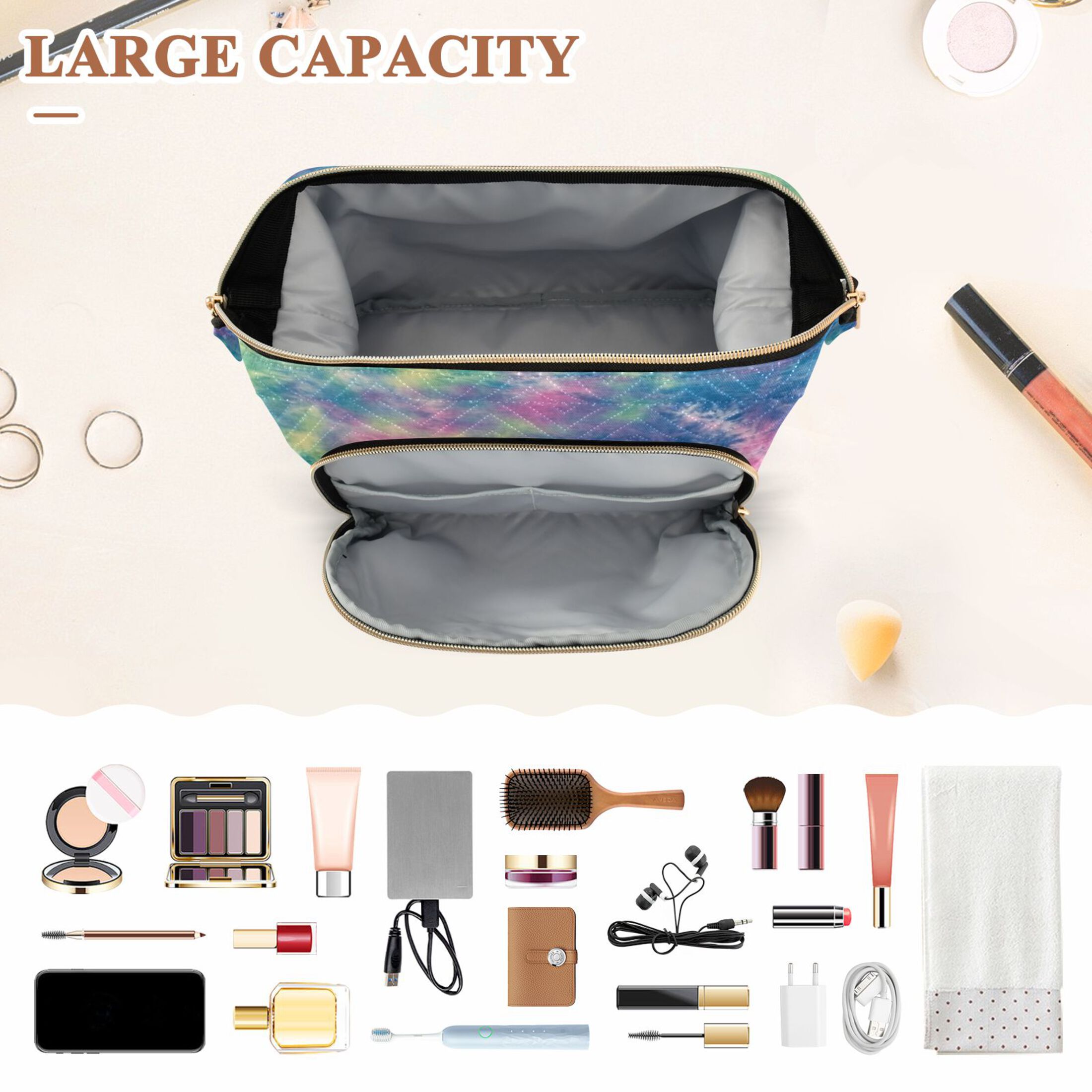 Wavy Quilted Cosmetic Bag Large-Capacity Travel Toiletry Organizer Includes 9-Piece Portable Travel Bottle Set Green Pink Blue Tie-dye