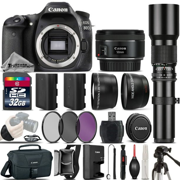 Vergelijkbaar puree condoom Canon EOS 80D DSLR WiFi NFC Camera + 50mm 1.8 STM + 500mm Telephoto - 32GB  Kit - Walmart.com