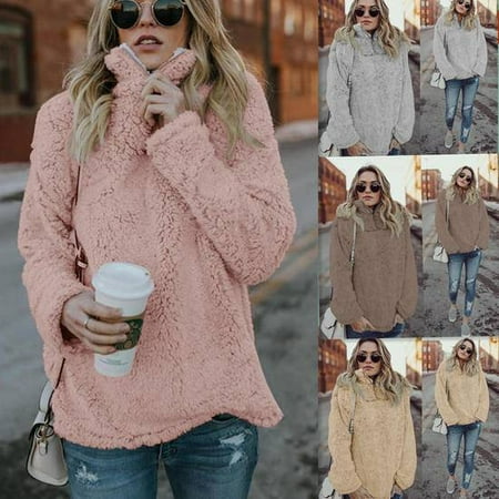 Faux Fur Collar Sweater - Womens Long Sleeve Cowl Neck Pullover Jumper Faux Fur Shirt Sweater Outwear
