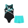 thumbnail image 3 of Lejafay Kids 2 Piece Ice Skating Outfit Girls Dance Leotard Gymnastics Bodysuit with Sport Shorts Blue Green 12, 3 of 5