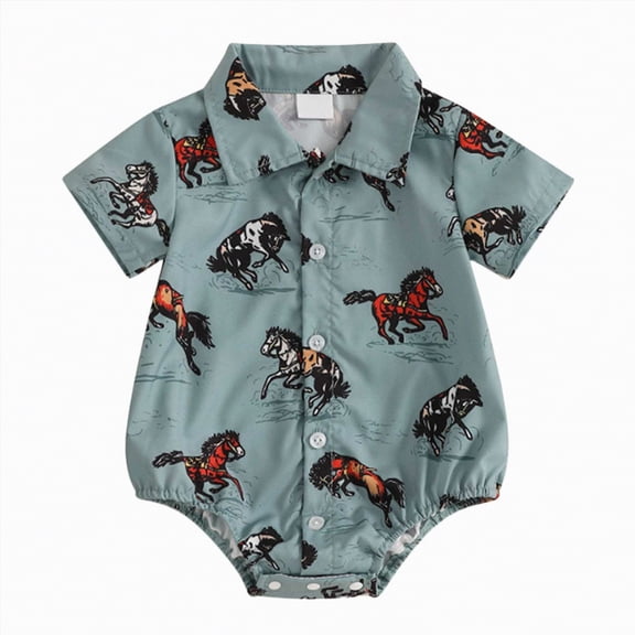 mgoYE Western Baby Boy Clothes Cowboy Shirt Romper Short Sleeve Button Dress Bodysuit Infant Gentleman Outfits( Blue,3-6 Months)