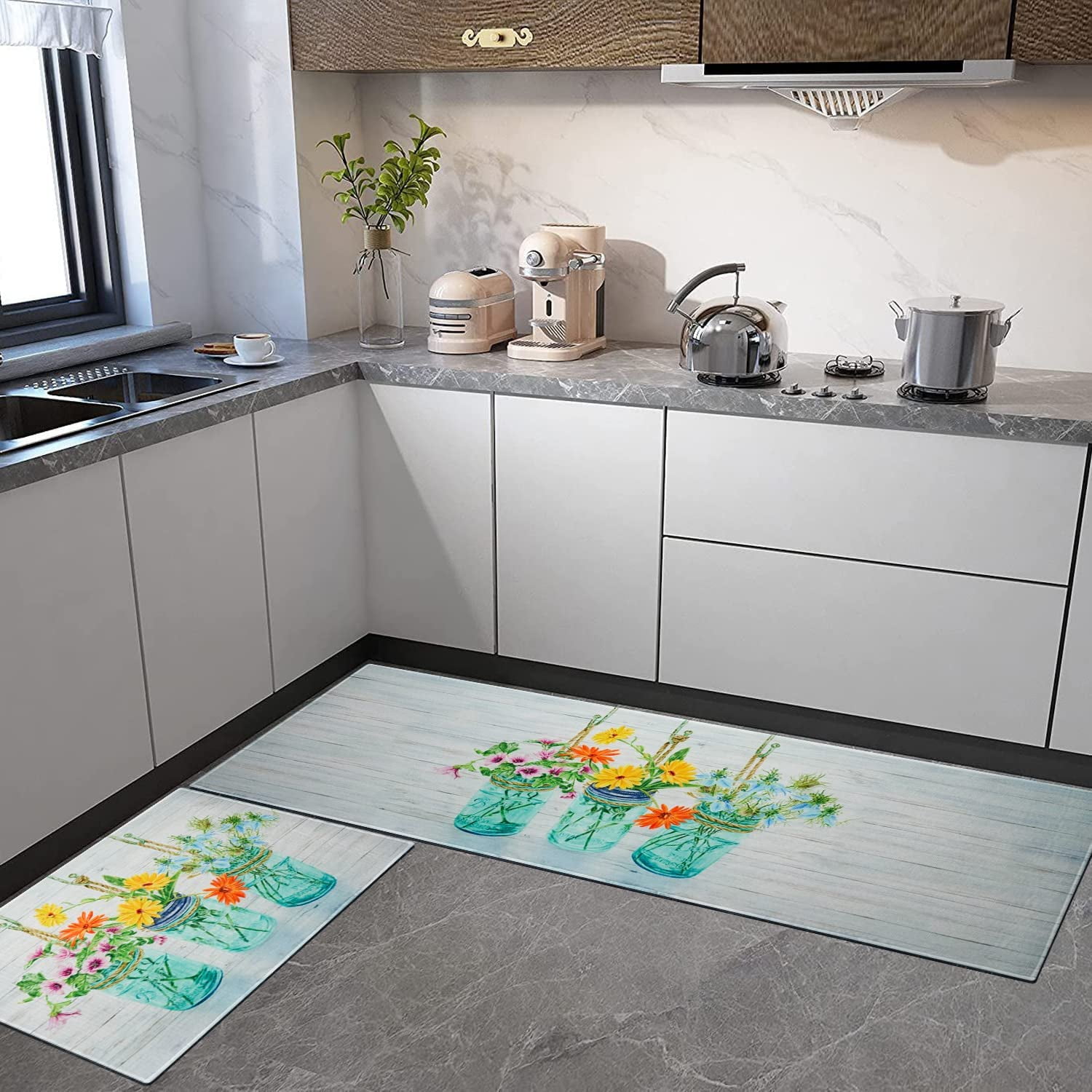 Floral Farmhouse Kitchen Rugs Set 2 Piece Colorful Spring/Summer Flowers Decorative Rugs for Kitchen Low-Profile Floor Mats Decorations for Home Kitchen (17"x48"+17"x24")