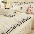 thumbnail image 4 of Juego de cama Kawaii Seersucker para niñas, falda de cama de encaje con volantes y lazo de princesa, juego de funda nórdica de color sólido agradable para la piel, tamaño Queen y King, 4 of 6
