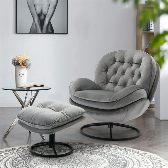 Swivel Accent Chair with Ottoman, Modern Velvet Lounge Chair and Ottoman Set, Home TV Reading Chair Office Armchair Chair with Footrest, Metal Base Frame for Living Room Bedroom, Gray
