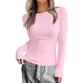 thumbnail image 6 of Womens Long Sleeve Tops Stretch Crewneck Ribbed T-Shirt Slim Fit Casual Basic Tops Pink S, 6 of 8