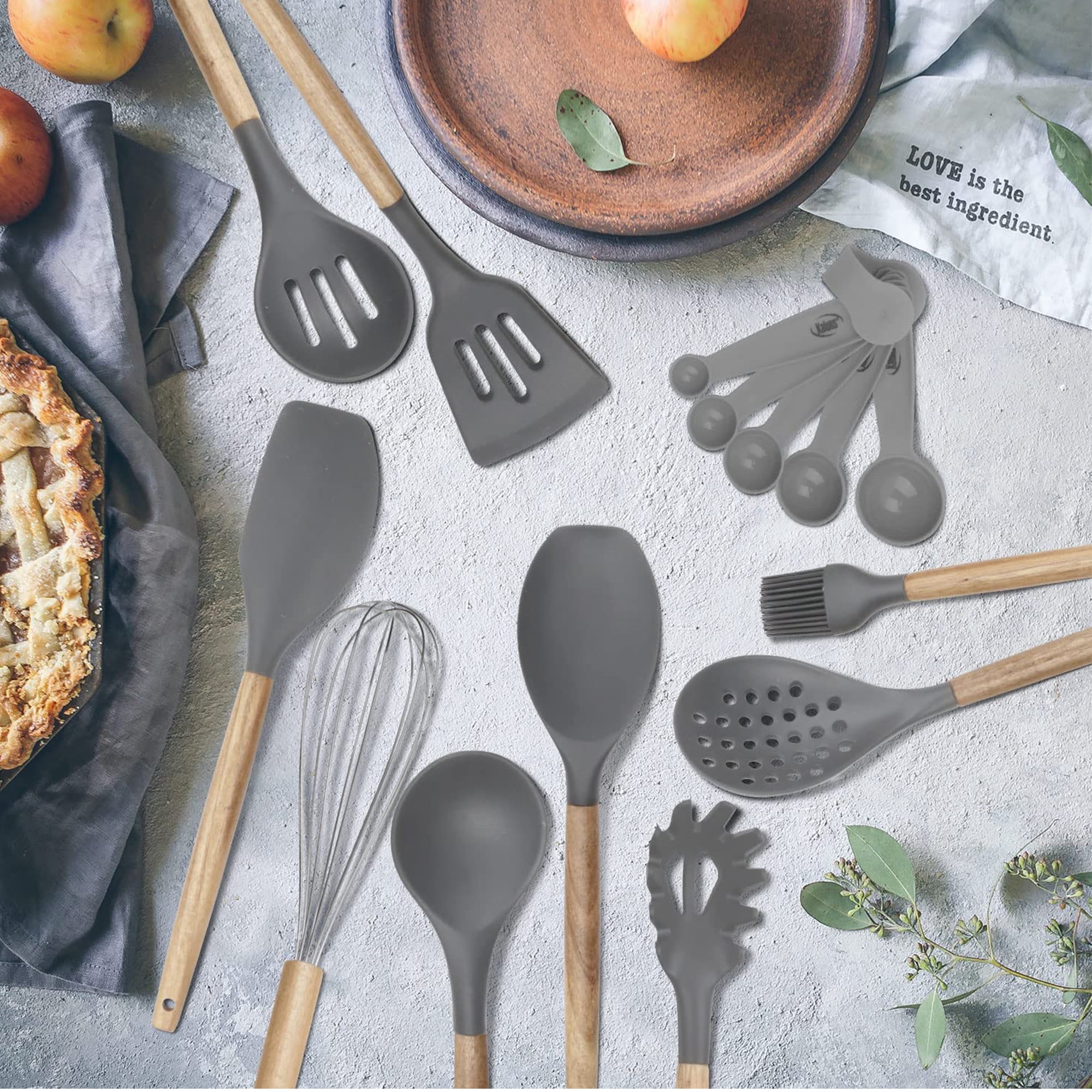 Kaluns 21 Pcs Wood and Silicone Kitchen Utensils Set for Cooking Household Essentials – Premium Cooking Utensil Set, Gray