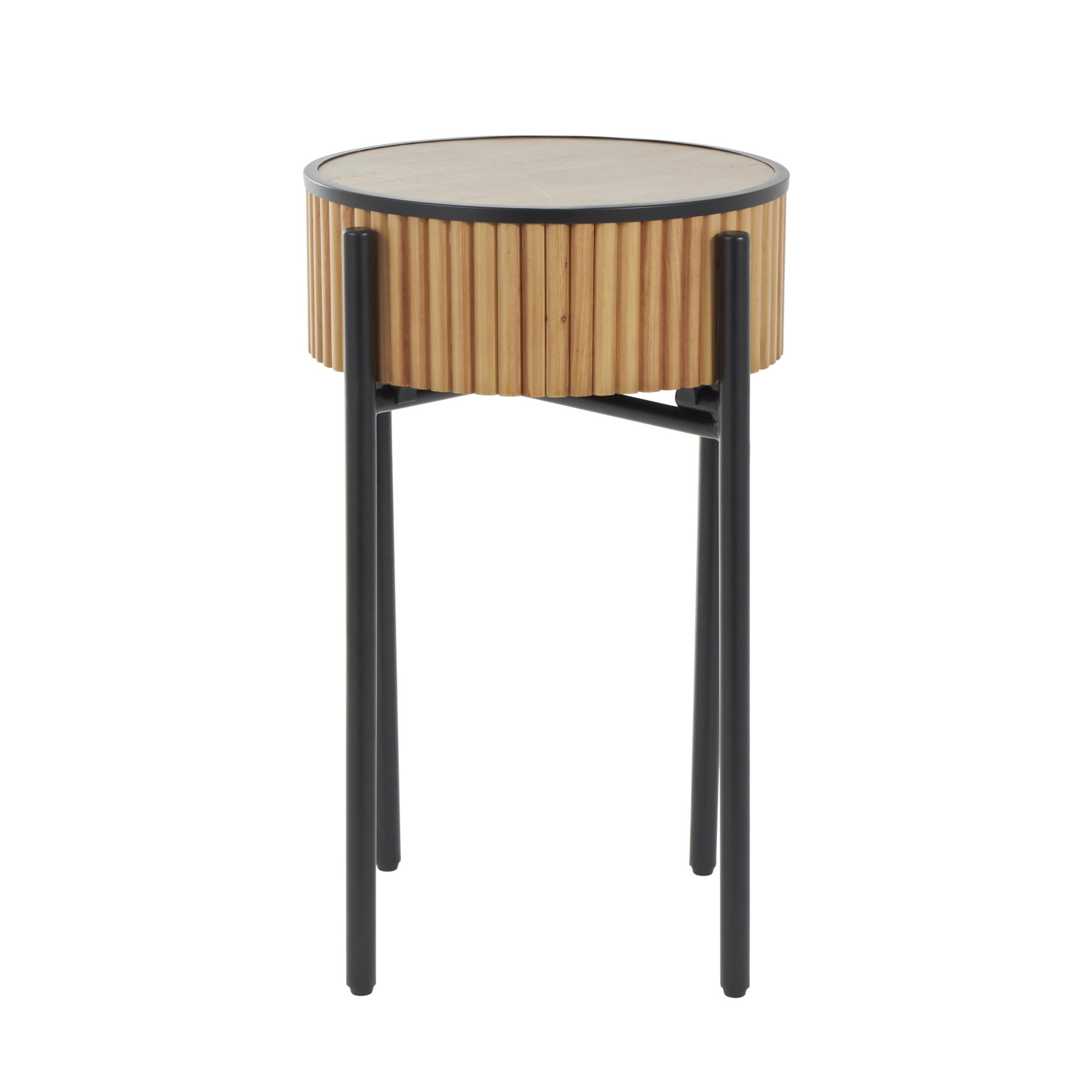 DecMode 18" x 27" Brown Wood Handmade Slatted Drum Accent Table with Black Metal Legs, 1-Piece