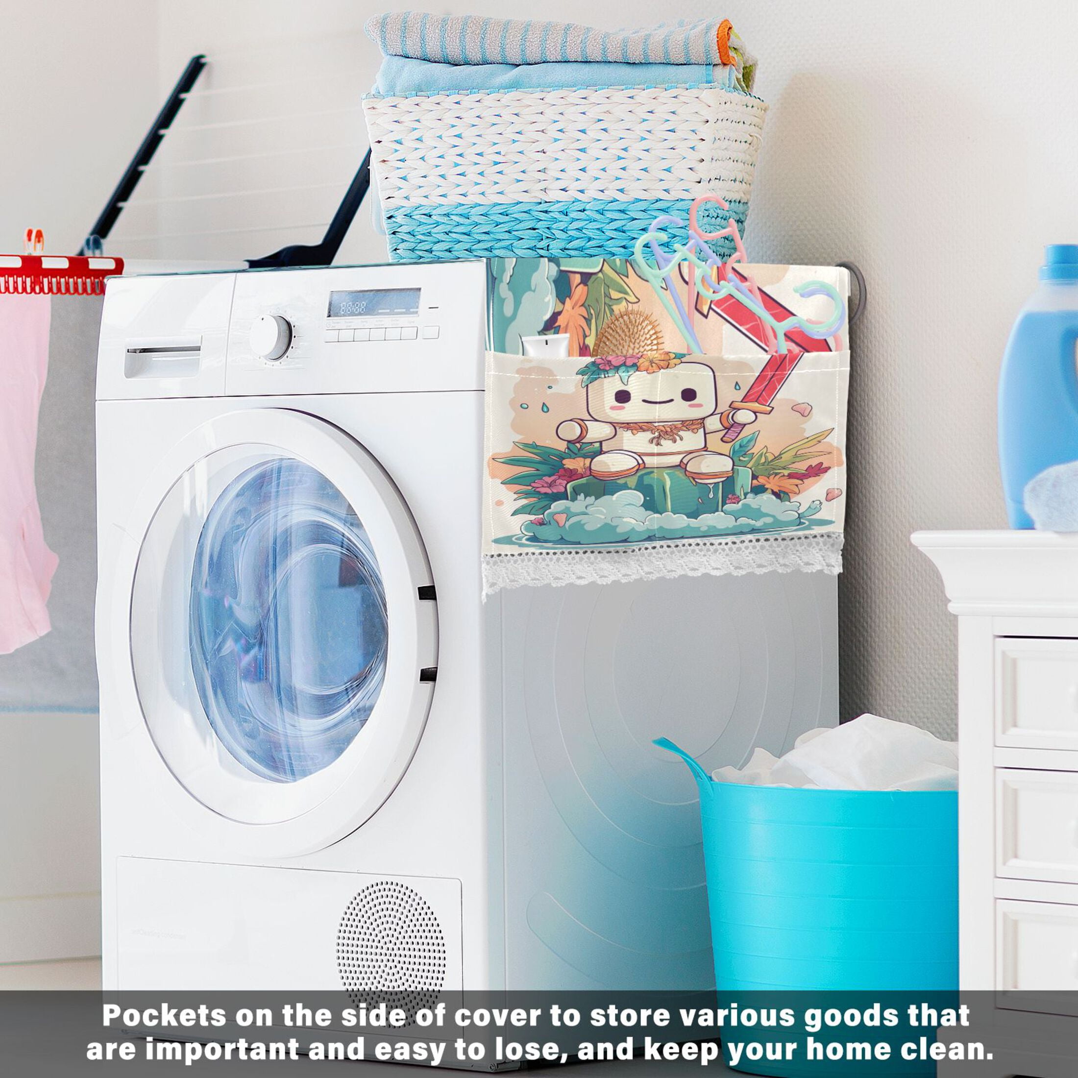 A Cute Marshmallow ManWasher and Dryer Covers Dust-Proof and Oil Resistant Fridge Cover with 4 Storage Pockets Washing Machine Top Cover for Laundry Kitchen Home 51.2 x 22 In