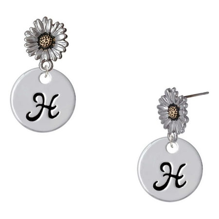 Delight Jewelry Silver-tone Large Script Letter – H – 3/4 Disc – Two-tone Daisy Flower Post Earrings
