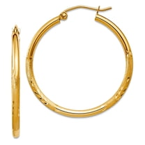 14k Solid Yellow Gold Satin and Sparkle-Cut 2mm Round Tube Hoop Earrings 30x30mm Wide 2mm Thick Hoop Earring for Women