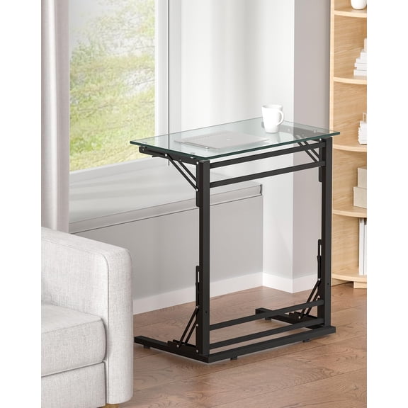 24" Folding TV Tray Table, Glass C Shaped End Table for Couch, Small Sofa-Side Laptop Desk with Black Metal Frame for Living Room, Bedroom, Bedside