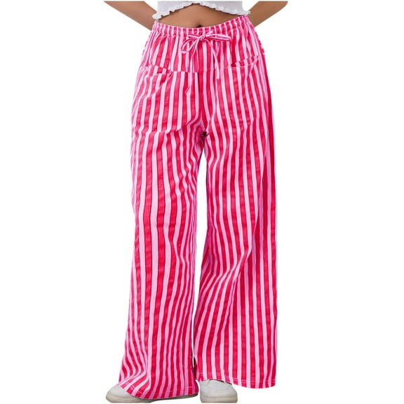 AGWOLF Baggy Sweatpants for Women Striped Wide Leg Elastic High Waist Pants Holiday Vacation Y2K Trousers