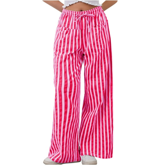 Babysbule Womens Loose Striped Pants Women's Casual Daily Pocket Elastic Waist Loose Fashion Straight Leg Pants