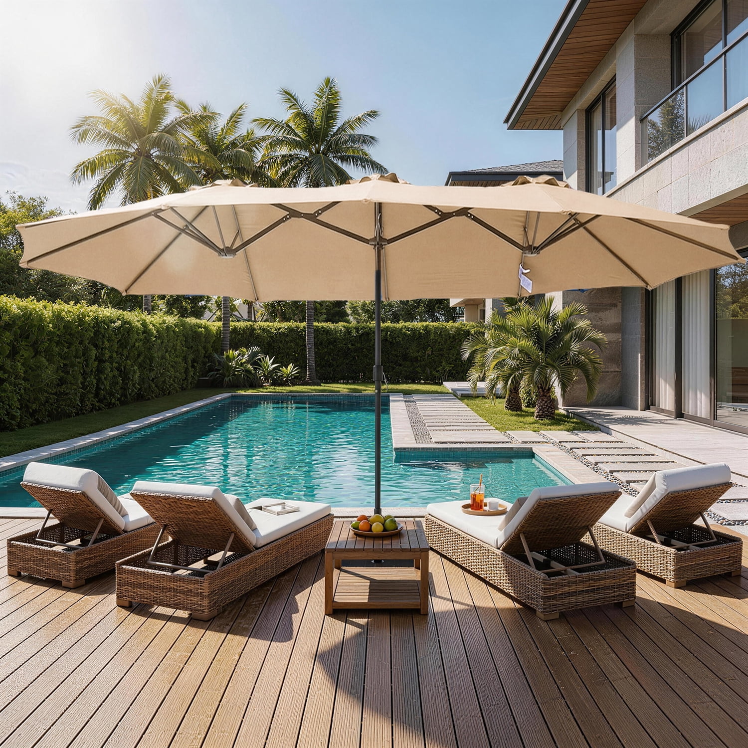 BaPiPro 15FT Off-White Large Double Head Patio Umbrella, Waterproof UV & Tear Resistant Fabric, Windproof Reinforced Steel Frame, Easy Hand Crank for Patio, Pool, Garden & Deck