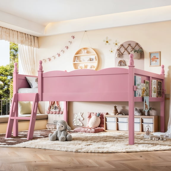 Harper & Bright Designs Full Loft Bed with Side Book Shelf, Solid Wood Low Loft Bed Frame with Full-Length Guardrails and Ladder for Boys Girls, Pink