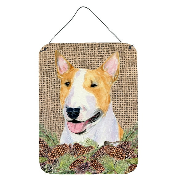 Bull Terrier on Faux Burlap with Pine Cones Wall or Door Hanging Prints