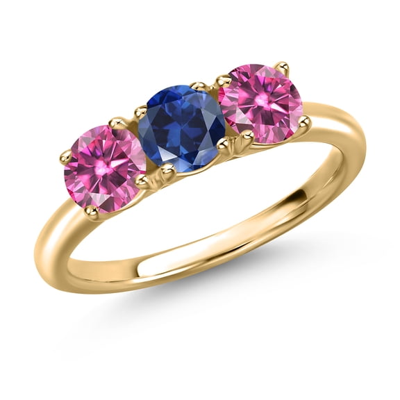 Gem Stone King 10K Yellow Gold Blue Created Sapphire and Pink Moissanite Engagement Ring for Women | 1.60 Cttw | Round 5MM | Gemstone September Birthstone | Size 9