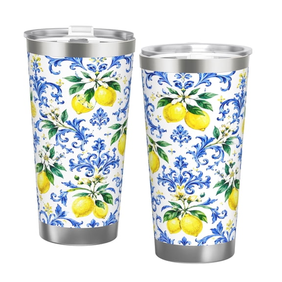 20oz Lemon Tile Tumbler with Handle and Straw Mediterranean Citrus Floral Stainless Steel Insulated Travel Coffee Cup Gift with Double Silver Rim