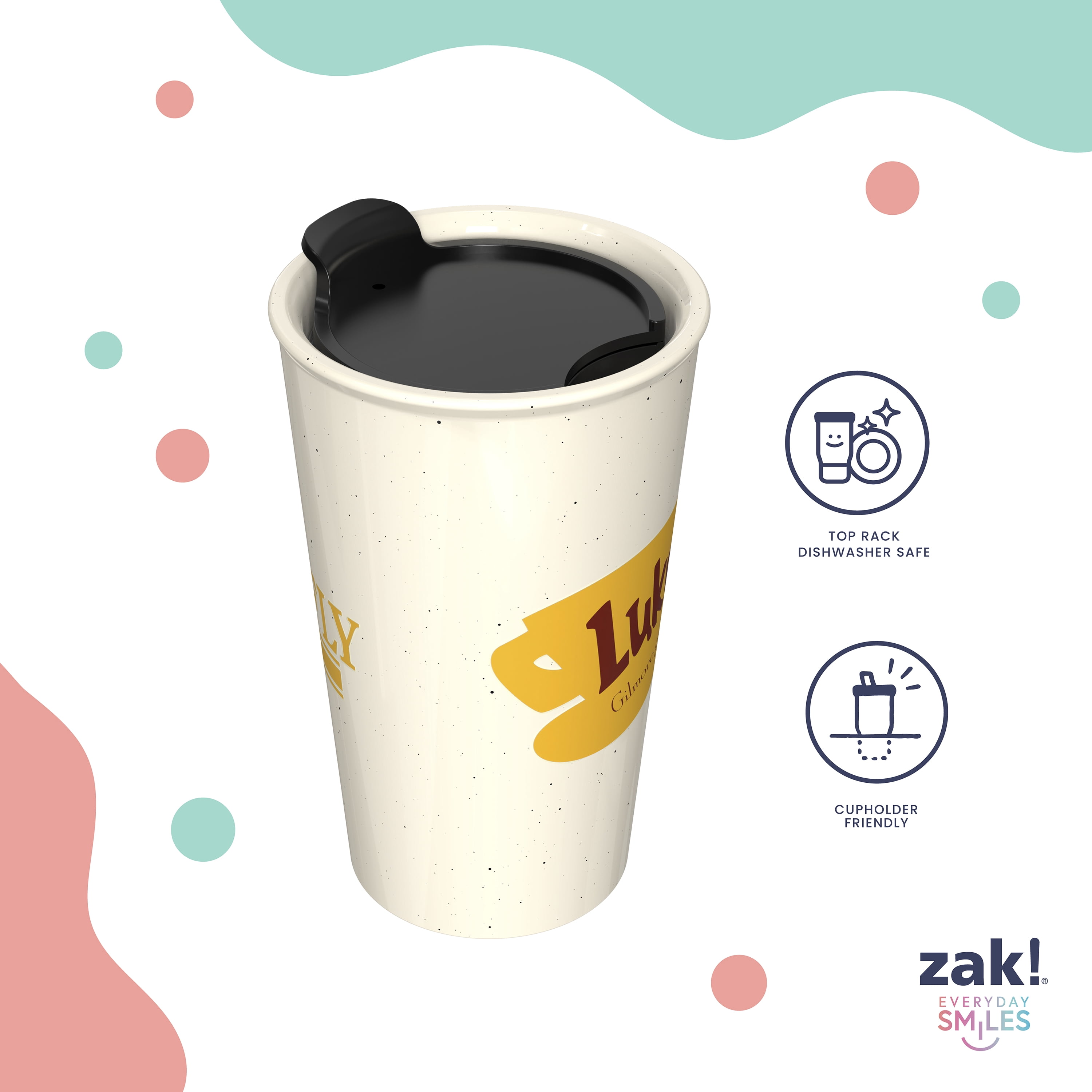 Zak Designs 11oz Gilmore Girls Java Twist Tumbler, Double Wall Ceramic Tumbler with Twisting Lid for Travel