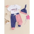 thumbnail image 3 of Niusricy 4th of July Clothes for Baby Boys Girls 0 3M 6M 12M 18M Infant Summer Outfits Short Sleeve Jumpsuit Letter Embroidered Rompers Stripe Stars P Hat Toddler Kids Fashion Comfy 3Pcs Set, 3 of 7