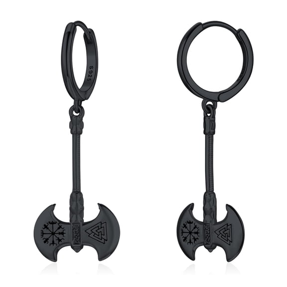 Black Viking Axe Dangle Hoop Earrings for Men, S925 Sterling Silver Vegvisir Valknut Huggie Drop Earrings, Black Plated Punk Rock Hypoallergenic Small Hoop Earrings Jewelry Gift for Guys